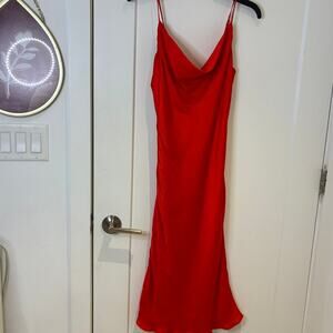 Bardot Red Cowl Neck Satin-Effect Midi Slip Dress